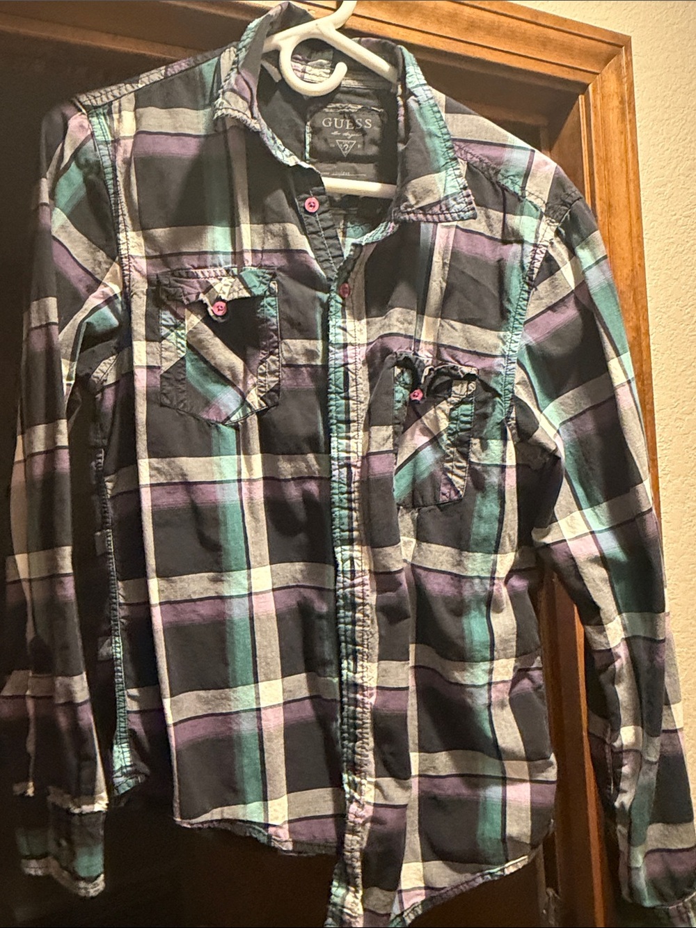 GUESS Girls' Black, Teal & Purple Plaid Button-Down Shirt